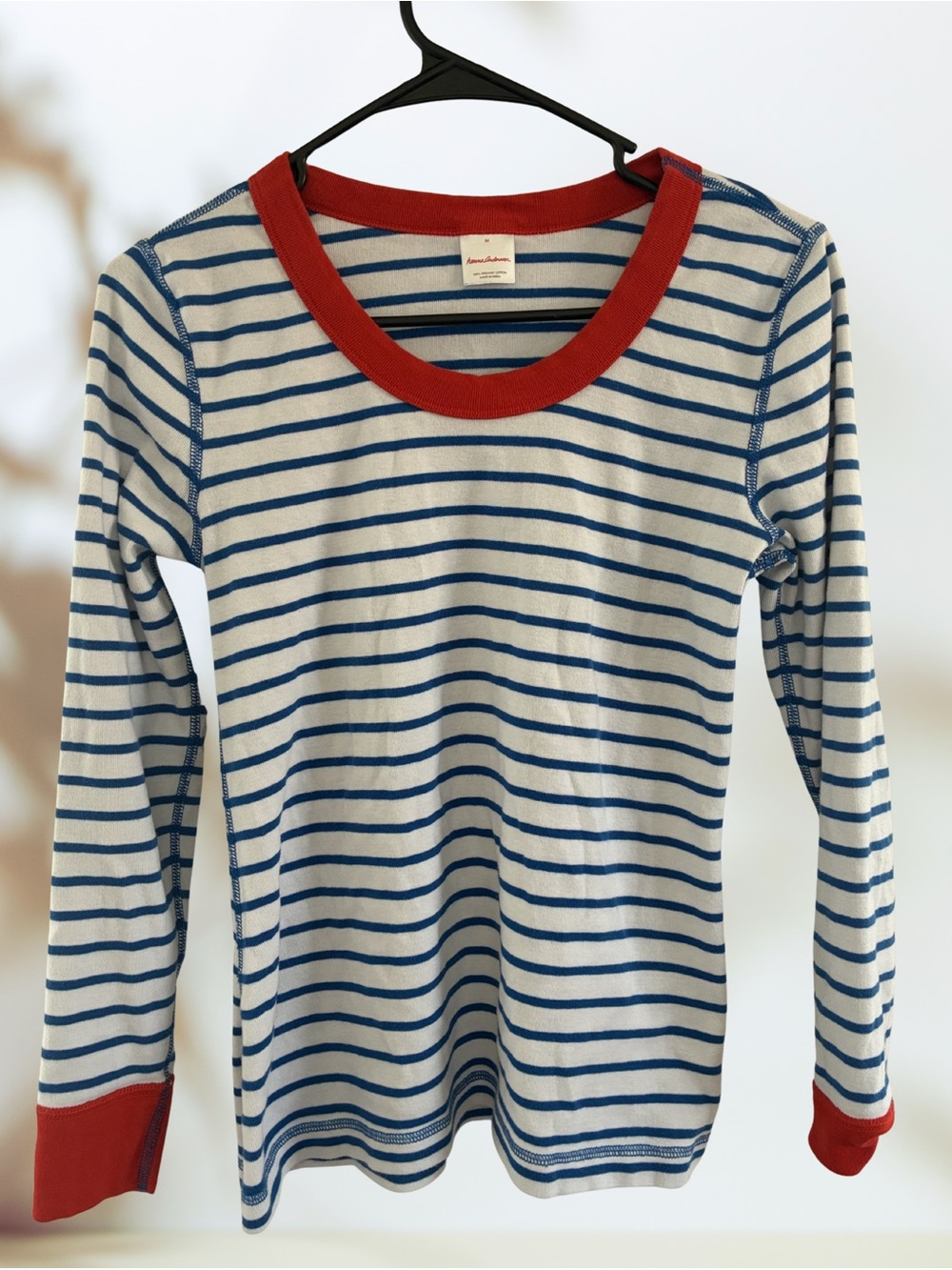 Hanna Andersson Organic Cotton Long sleeve Top Blue/White Stripe Red Trim (M)